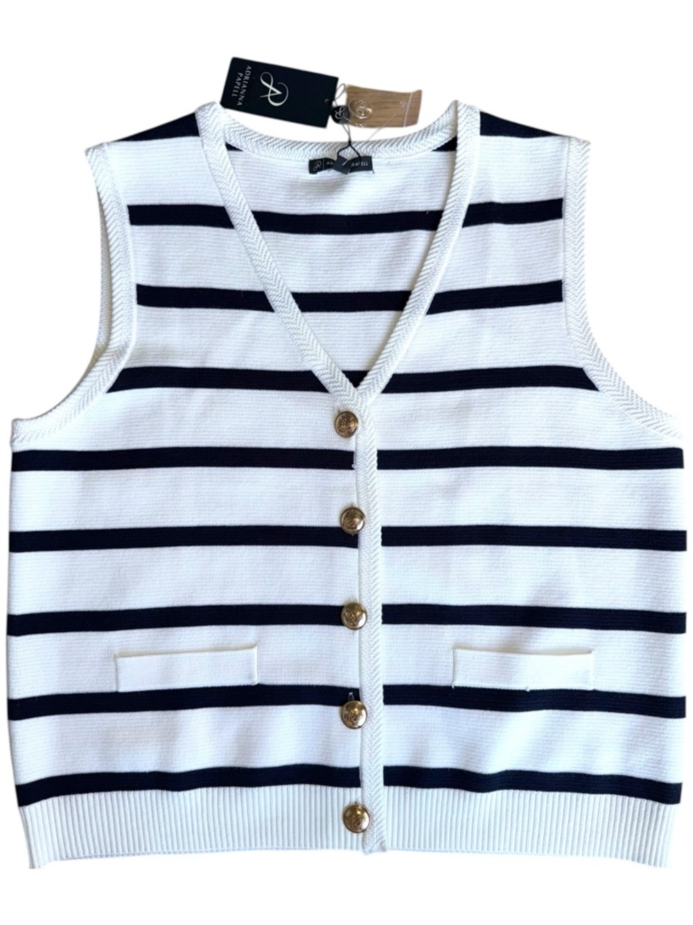 Adrianna Papell Striped Button-Up Sweater Vest Nautical Gold Buttons Size L